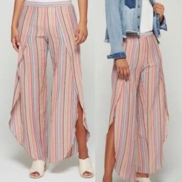 DREW (Anthropologie) Whitney Coral Striped Wide Leg Side Slit Linen Blend Pants - Picture 1 of 15